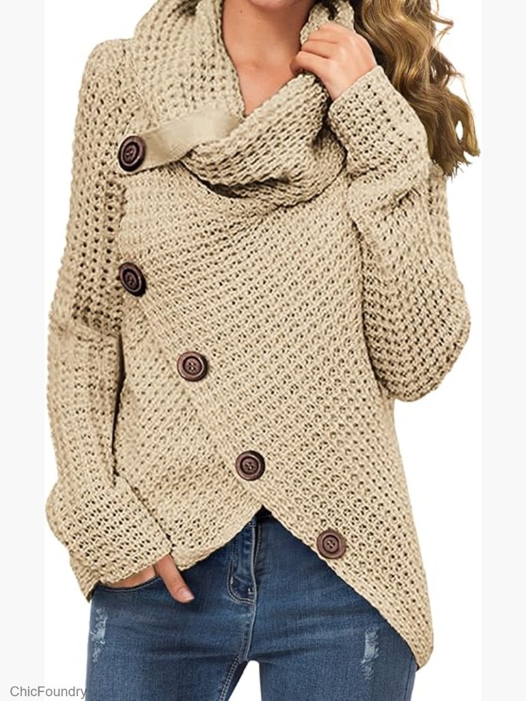 Chunky Turtleneck Pullover Sweater, Asymmetric Hem, Loose Knit, S-2xl